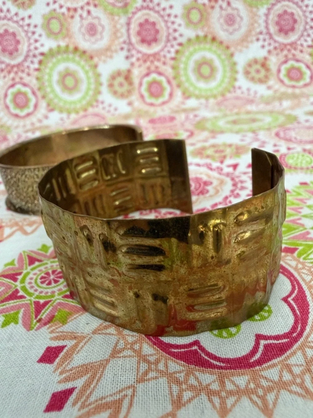 Set of two Vintage Brass & Copper Etched Cuff Bracelet